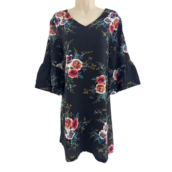 Black Fall Floral Print V-Neck Bell Sleeve Shift Mini Dress Size 2XL 16 18 Plus - Picture 2 of 7
